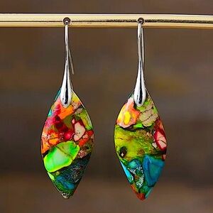 Natural Imperial Stone Leaf Dangle Earrings Boho